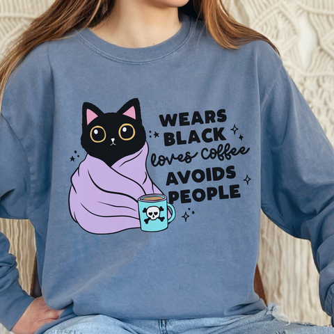 Wears Black, Loves Coffee, Avoids People Black Cat Comfort Colors Unisex Garment-dyed Long Sleeve T-Shirt