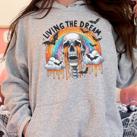 Living the Dream Crying Skeleton Mental Health Halloween Unisex Heavy Blend Hooded Sweatshirt