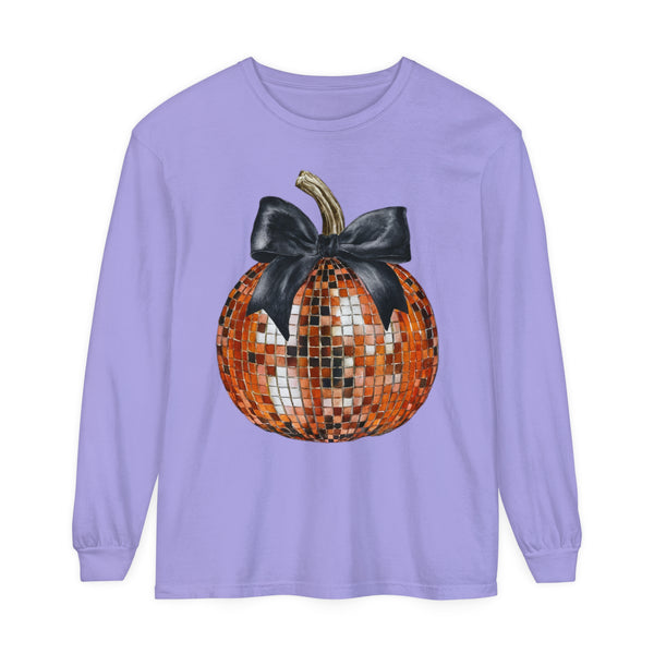 Disco Pumpkin Bow Halloween Fall Comfort Colors Unisex Garment-dyed Long Sleeve T-Shirt