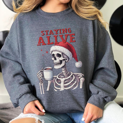 Staying Alive Skeleton Coffee Christmas Unisex Heavy Blend Crewneck Sweatshirt