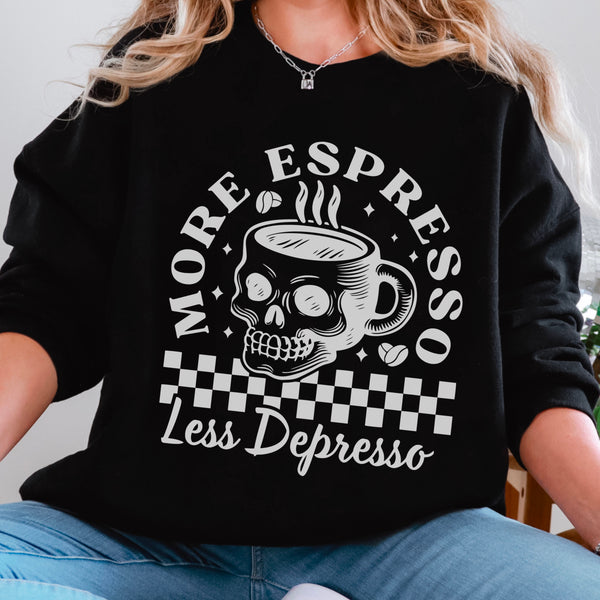 More Espresso, Less Depresso Skull Coffee Mental Health Unisex Heavy Blend Crewneck Sweatshirt