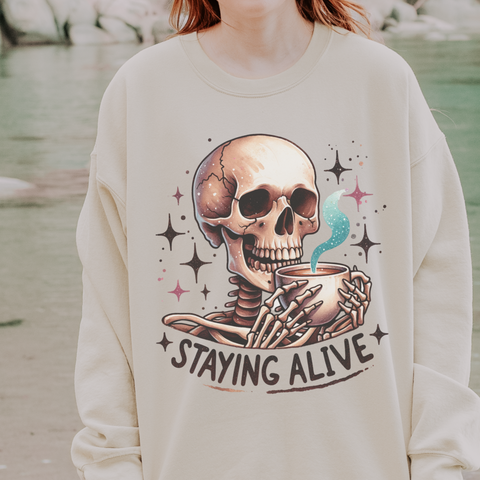 Staying Alive Skeleton Coffee Unisex Heavy Blend Crewneck Sweatshirt