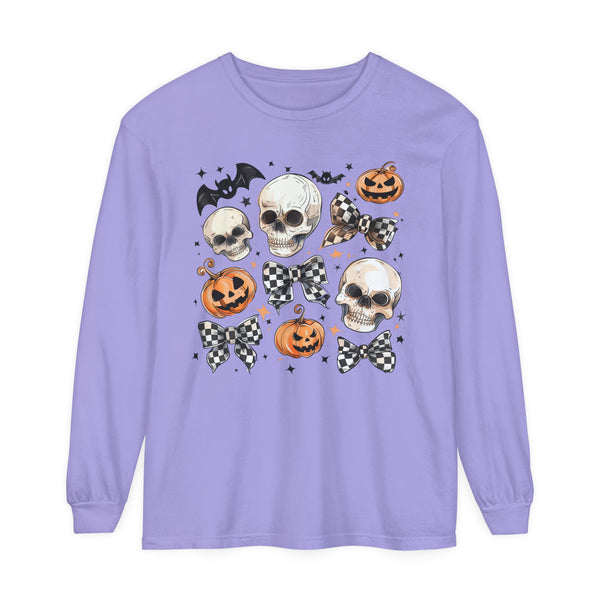 Halloween Checkered Bows Comfort Colors Unisex Garment-dyed Long Sleeve T-Shirt