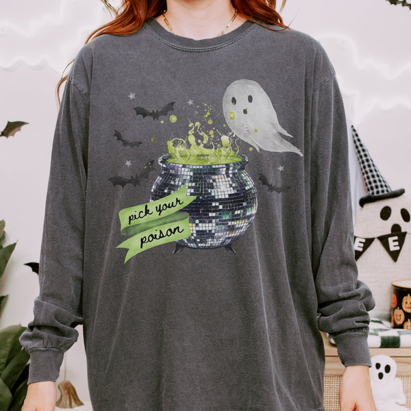 Pick Your Poison Disco Cauldron Halloween Comfort Colors Unisex Garment-dyed Long Sleeve T-Shirt