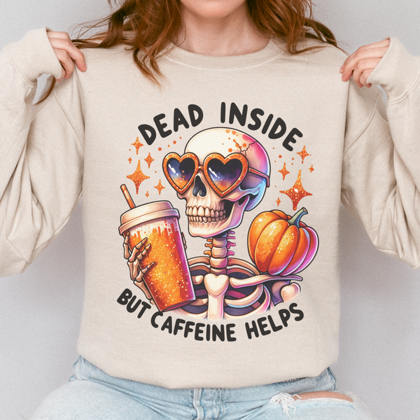 Dead Inside but Caffeine Helps Skeleton Halloween Fall Unisex Heavy Blend Crewneck Sweatshirt