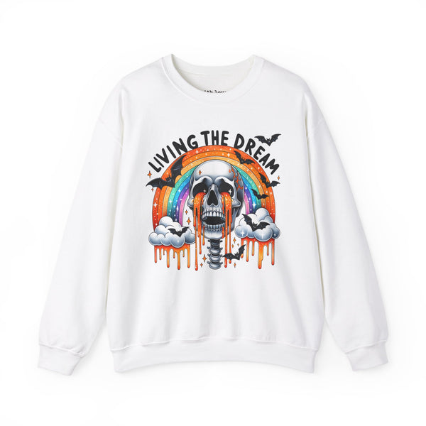 Living the Dream Crying Skeleton Mental Health Halloween Unisex Heavy Blend Crewneck Sweatshirt