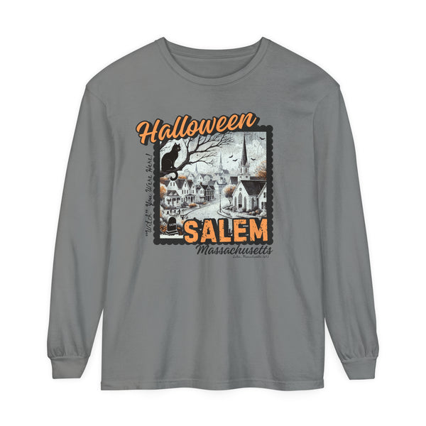 Halloween Salem Massachusetts Postcard Stamp Comfort Colors Unisex Garment-dyed Long Sleeve T-Shirt