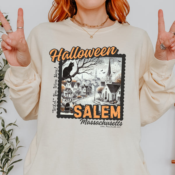 Halloween Salem Massachusetts Postcard Stamp Comfort Colors Unisex Garment-dyed Long Sleeve T-Shirt