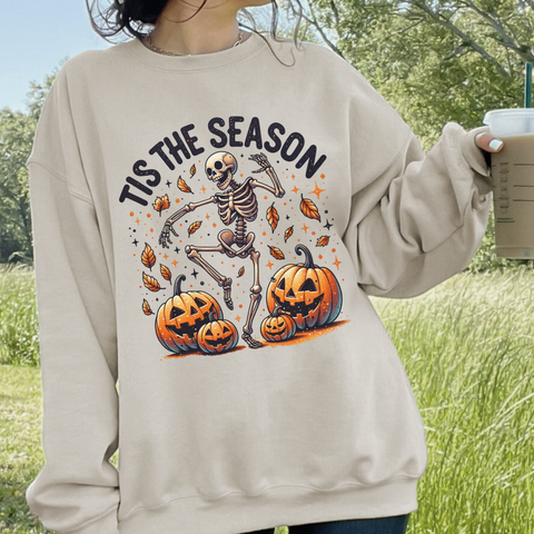 Tis the Season Dancing Skeleton Autumn Leaves Unisex Heavy Blend Crewneck Sweatshirt