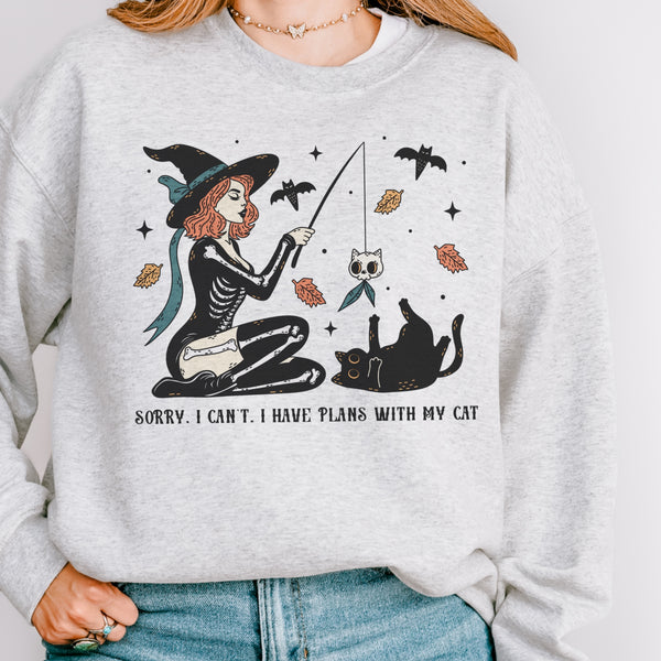 Sorry I Have Plans With My Cat Black Cat Halloween Unisex Heavy Blend Crewneck Sweatshirt