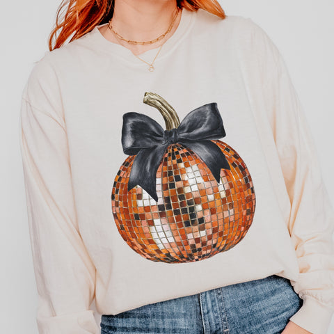 Disco Pumpkin Bow Halloween Fall Comfort Colors Unisex Garment-dyed Long Sleeve T-Shirt