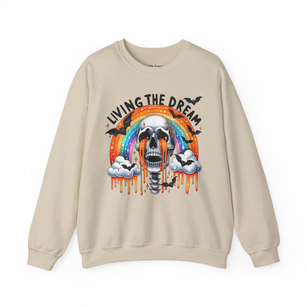 Living the Dream Crying Skeleton Mental Health Halloween Unisex Heavy Blend Crewneck Sweatshirt