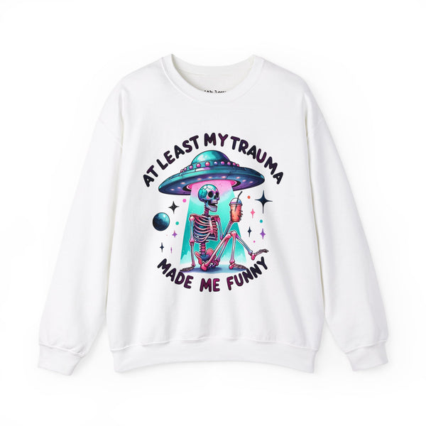 At Least My Trauma Made Me Funny UFO Skeleton Mental Health Unisex Heavy Blend Crewneck Sweatshirt