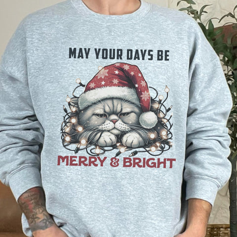 May Your Days Be Merry and Bright Grumpy Christmas Cat Unisex Heavy Blend Crewneck Sweatshirt