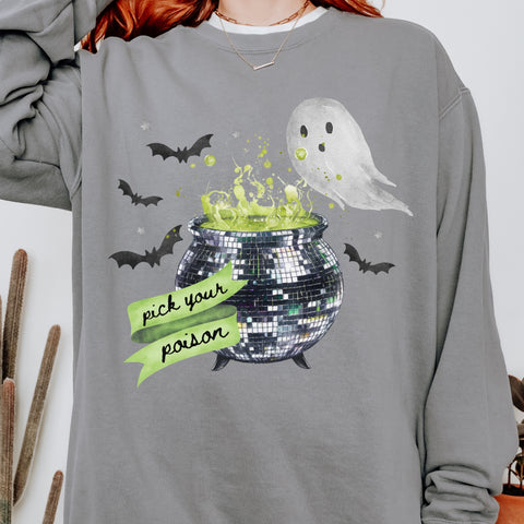 Pick Your Poison Disco Cauldron Halloween Comfort Colors Unisex Garment-Dyed Sweatshirt