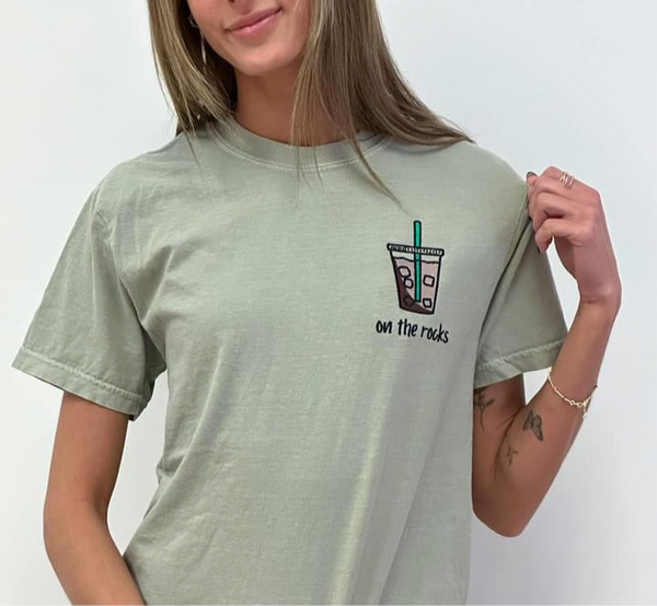 On the Rocks Iced Coffee Embroidered Comfort Colors Unisex Garment-Dyed T-shirt