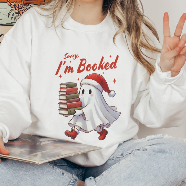 Sorry, I’m Booked Christmas Reading Ghost Unisex Heavy Blend Crewneck Sweatshirt