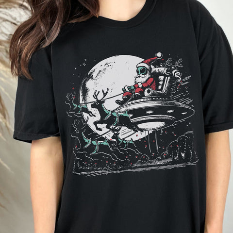 Alien Spaceship Santa Christmas Comfort Colors Unisex Garment-Dyed T-shirt