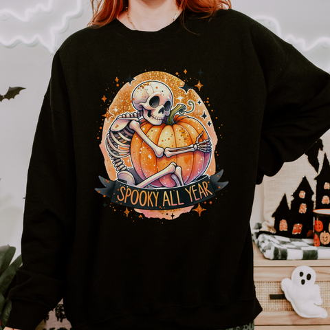 Spooky All Year Skeleton Pumpkin Fall Halloween Unisex Heavy Blend Crewneck Sweatshirt