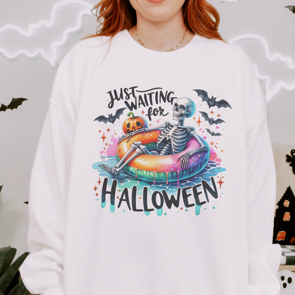 Just Waiting for Halloween Skeleton Summer Fall Unisex Heavy Blend Crewneck Sweatshirt