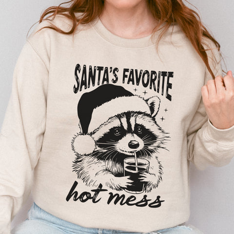 Santa’s Favorite Hot Mess Raccoon Christmas Unisex Heavy Blend Crewneck Sweatshirt