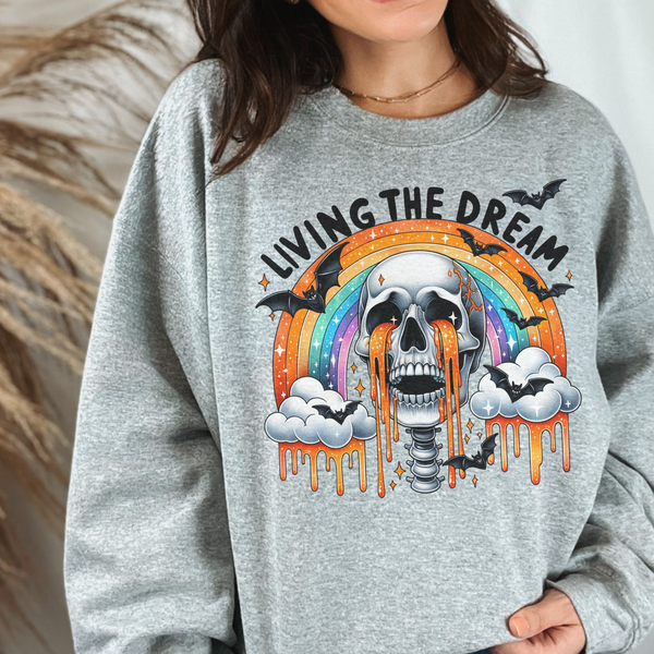 Living the Dream Crying Skeleton Mental Health Halloween Unisex Heavy Blend Crewneck Sweatshirt