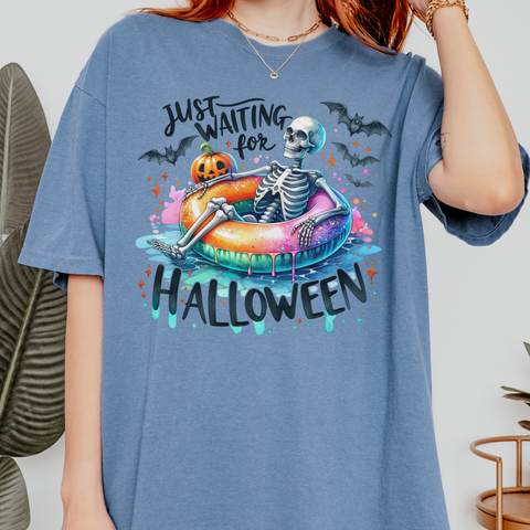 Just Waiting for Halloween Skeleton Summer Fall Comfort Colors Unisex Garment-Dyed T-shirt