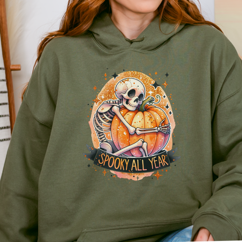 Spooky All Year Skeleton Pumpkin Fall Halloween Unisex Heavy Blend Hooded Sweatshirt