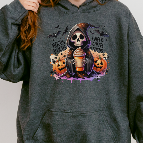 Hocus Pocus I Need Coffee to Focus Grim Reaper Halloween Unisex Heavy Blend Hooded Sweatshirt