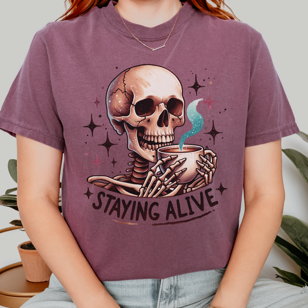 Staying Alive Skeleton Coffee Comfort Colors Unisex Garment-Dyed T-shirt