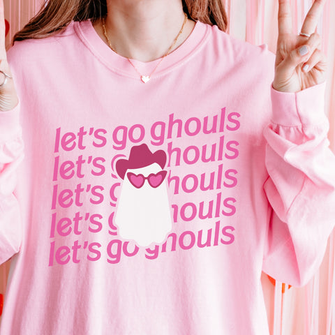 Let’s Go Ghouls Ghost Halloween Cowgirl Comfort Colors Unisex Garment-dyed Long Sleeve T-Shirt