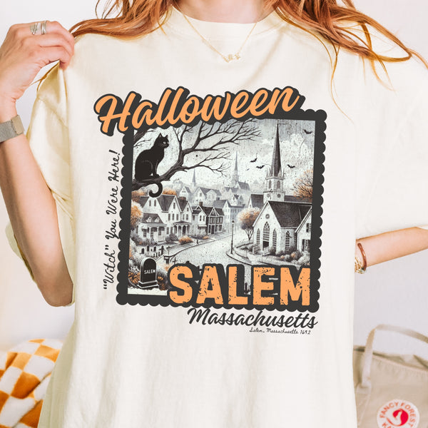 Halloween Salem Massachusetts Postcard Stamp Comfort Comfort Colors Unisex Garment-Dyed T-shirt