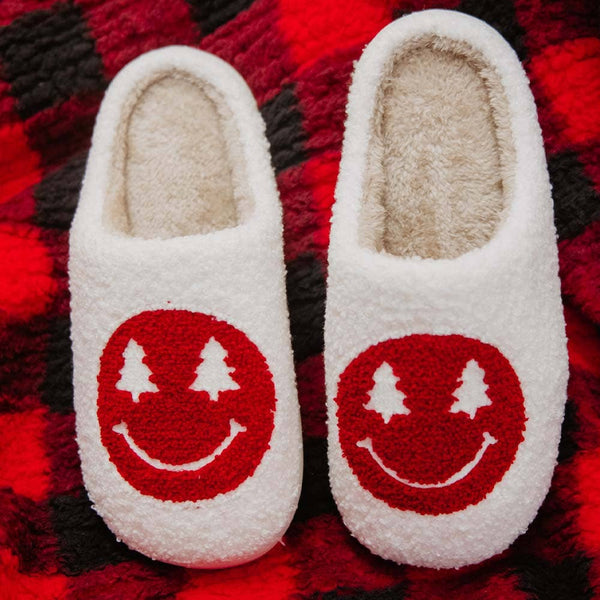 Red Christmas Tree Eyes Smile Slippers