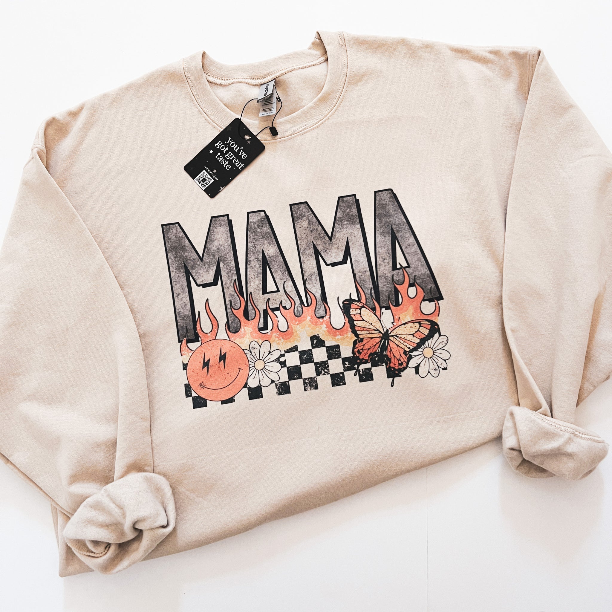 Mama Mother's Day Flame Checker Butterfly Sand Crewneck Sweatshirt