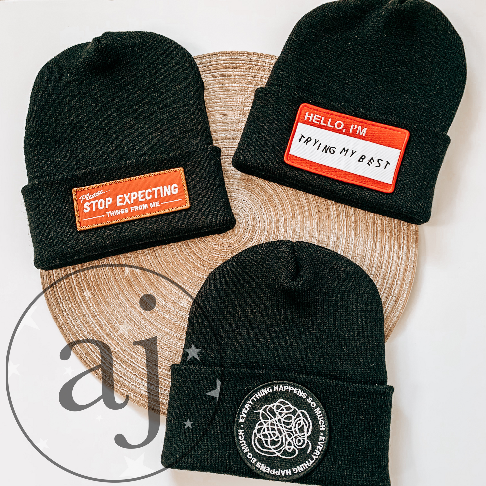 Embroidered Patch Beanies | Everything Happens So Much | Please Stop Expecting Things From Me | Hello I'm Trying My Best