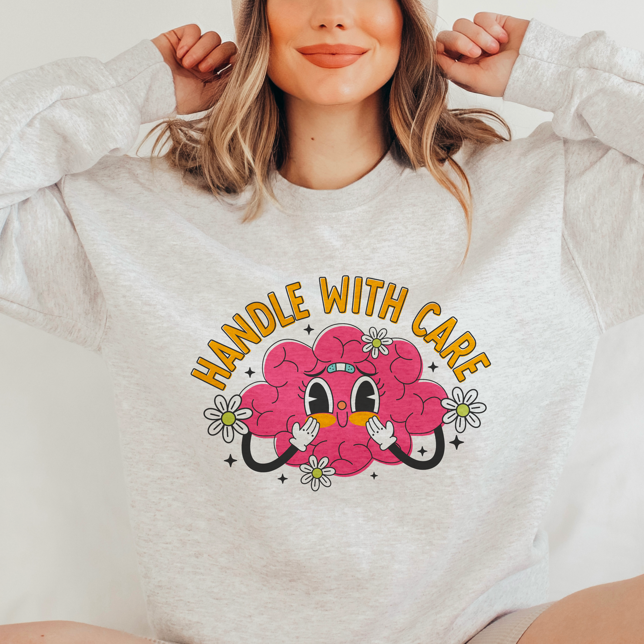 Handle With Care Floral Brain Mental Health Crewneck Sweatshirt