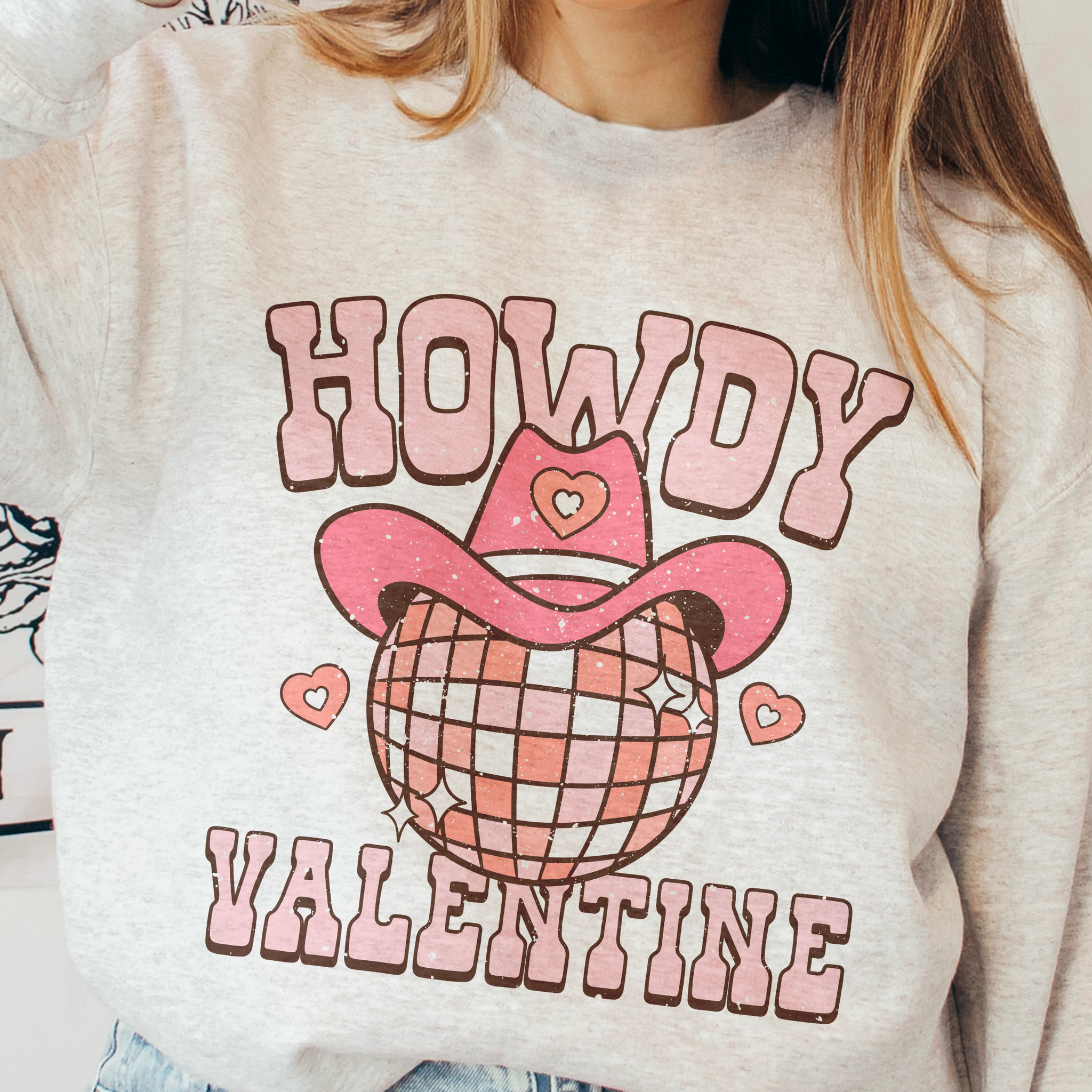 Howdy Valentine Disco Ball Cowgirl Crewneck Sweatshirt