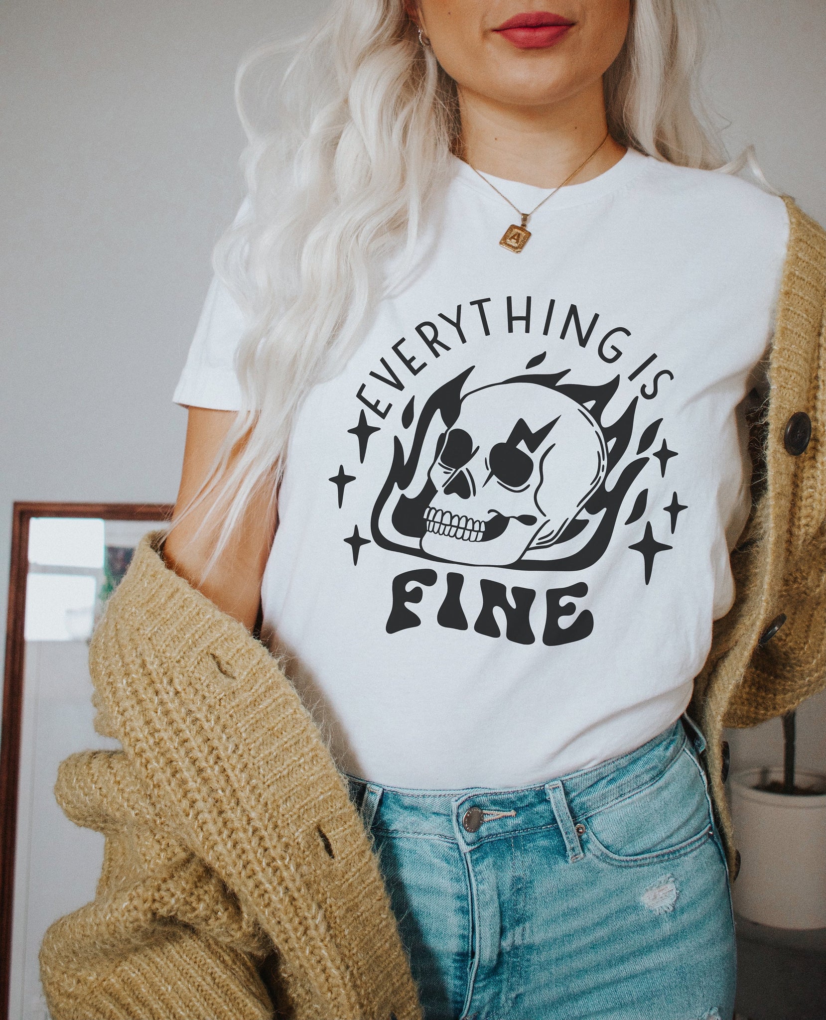 Everything is Fine Skull Flames Graphic Tshirt