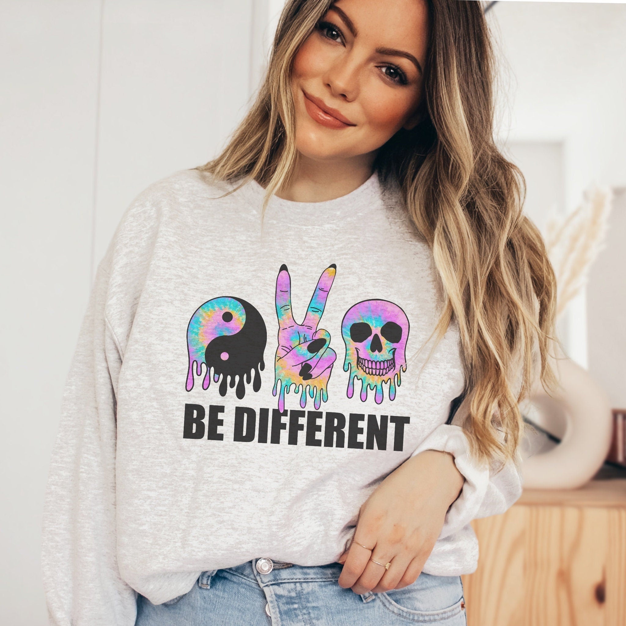 Be Different Tie Dye Crewneck Sweatshirt | Peace Sign, Skull, Yin Yang | Tie Dye Sweater | Gift for Her