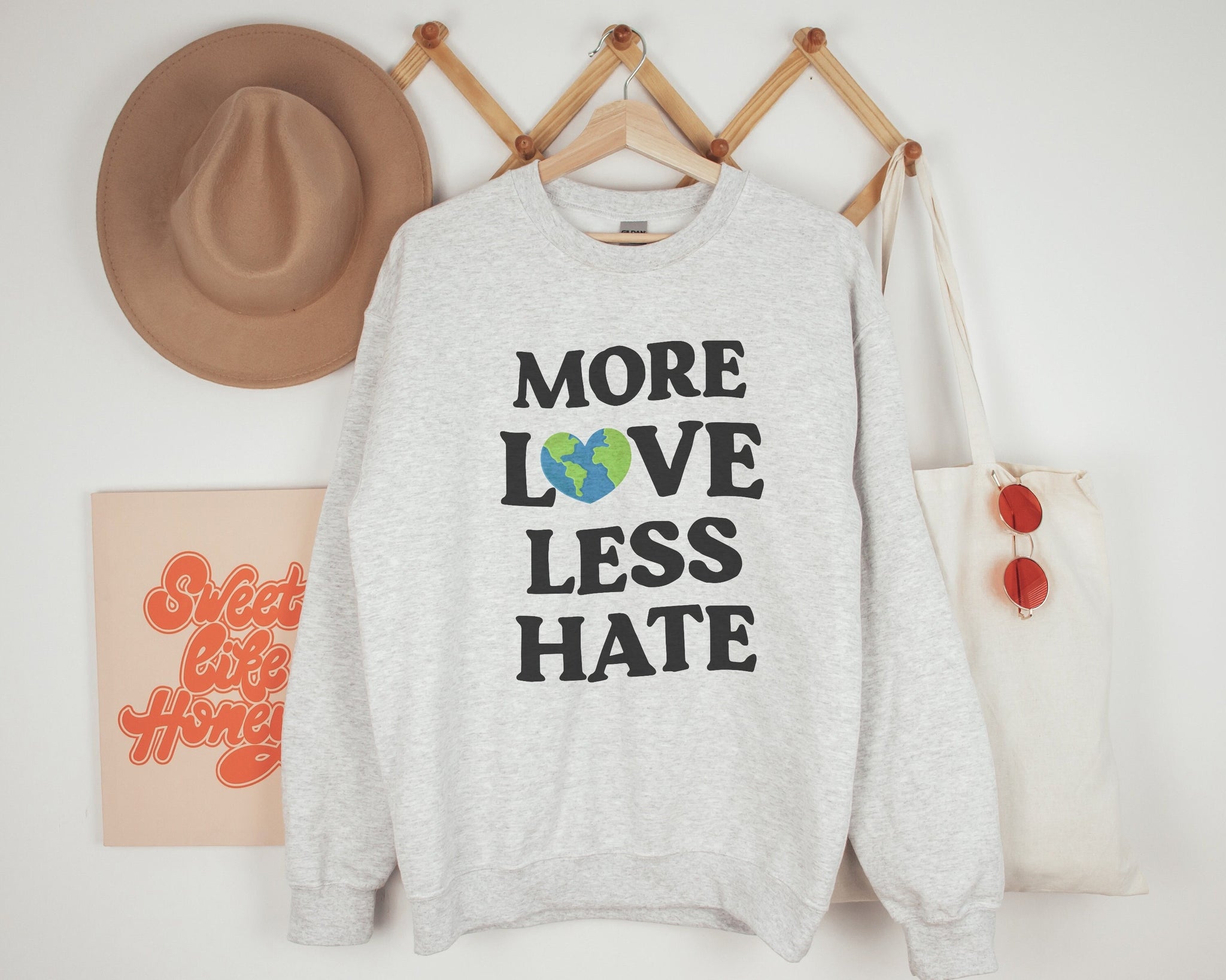 More Love Less Hate Crewneck Sweatshirt | Be Kind, Love More | World Globe Graphic Crew | Gift for her