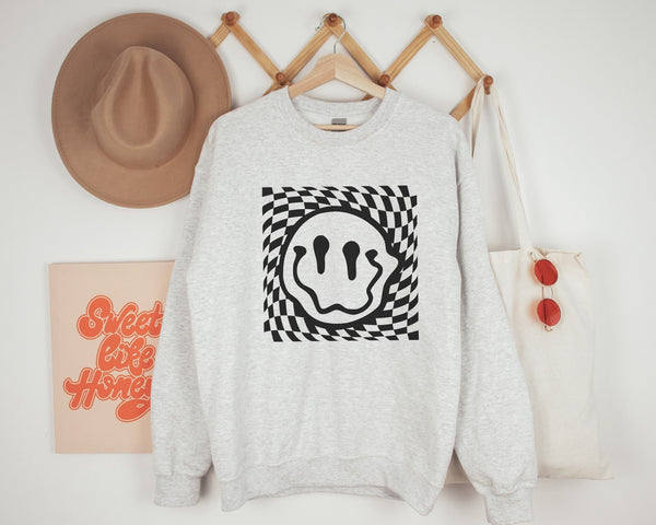 Melting Checkered Smiley Face Crewneck Sweatshirt | Checkerboard Sweater | Groovy Pullover | Gift for Her