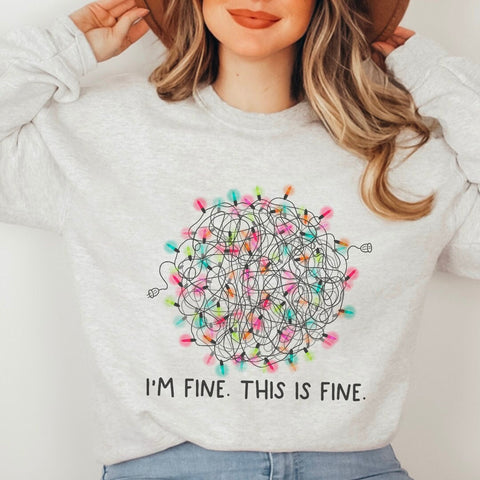 I'm Fine This is Fine Tangled Christmas Lights Funny Anxiety Crewneck Sweatshirt