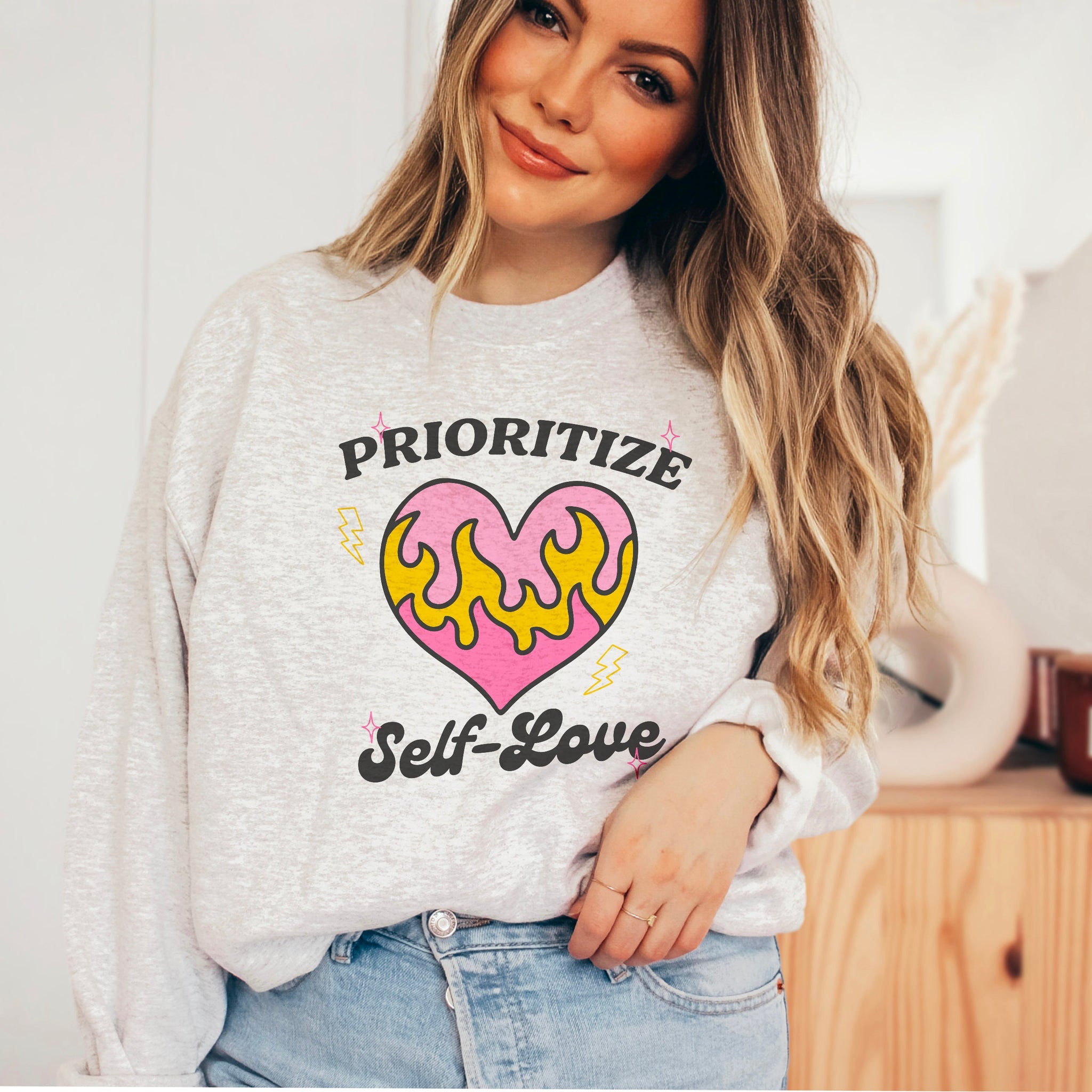with Love, AJ Prioritize Self Love Flame Heart Crewneck Sweatshirt | Mental Health Pullover | Gift for Her Unisex S
